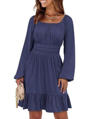 Women's Blue Long Lantern Sleeve Waist Ruffle Flowy Swing A-Line Short Dress